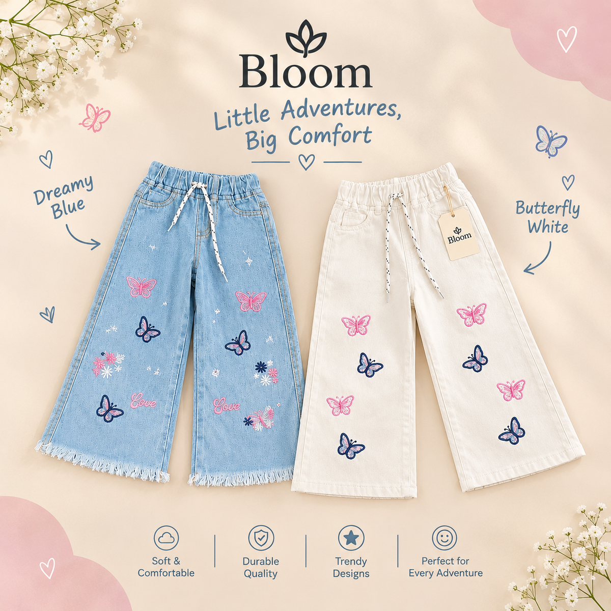 Bloom Girls’ Wide-Leg Embroidered Jeans 🦋✨