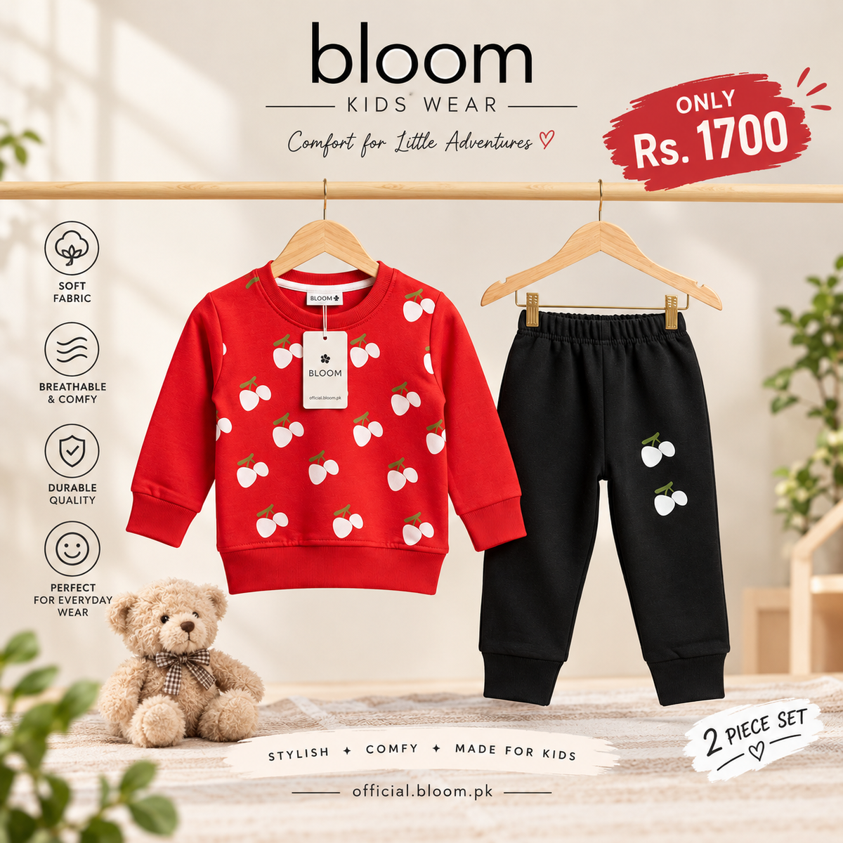 Cherry Print 2-Piece Set – Red Sweatshirt & Black Joggers