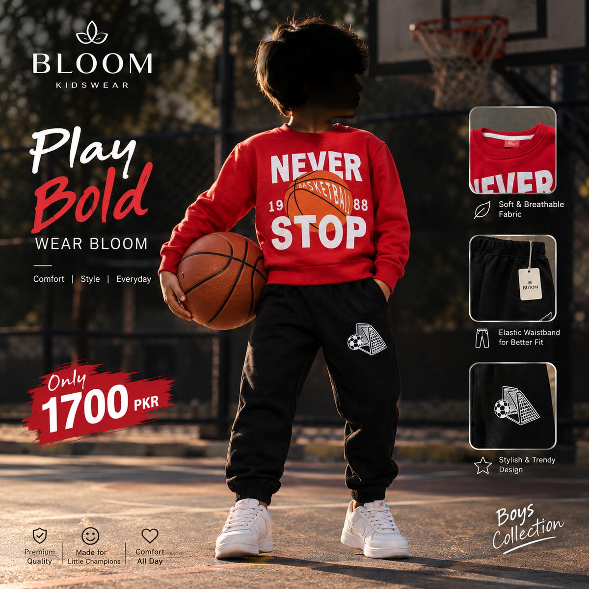 Boys Red Basketball Sweatshirt & Black Jogger Set