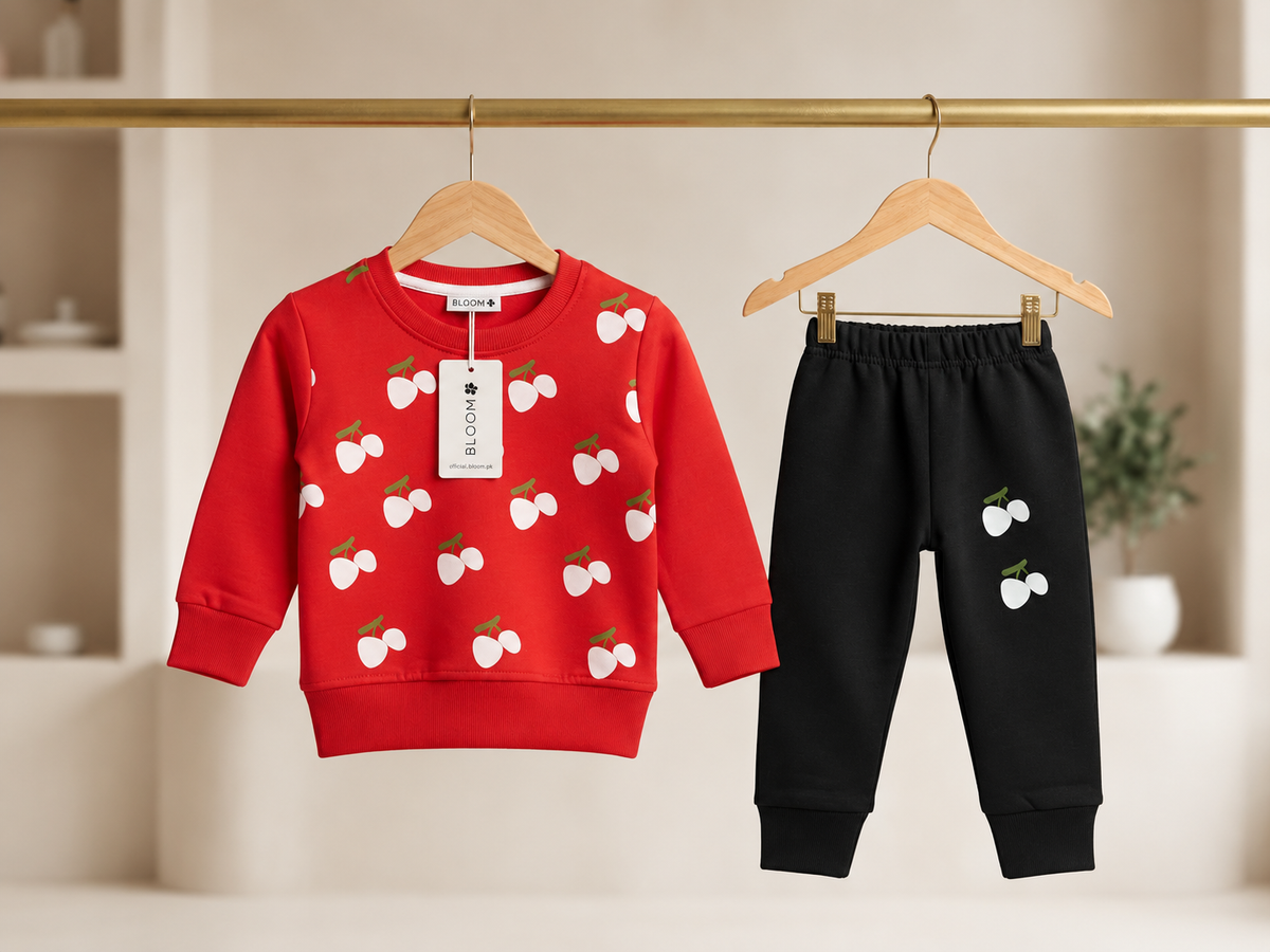 Cherry Print 2-Piece Set – Red Sweatshirt & Black Joggers